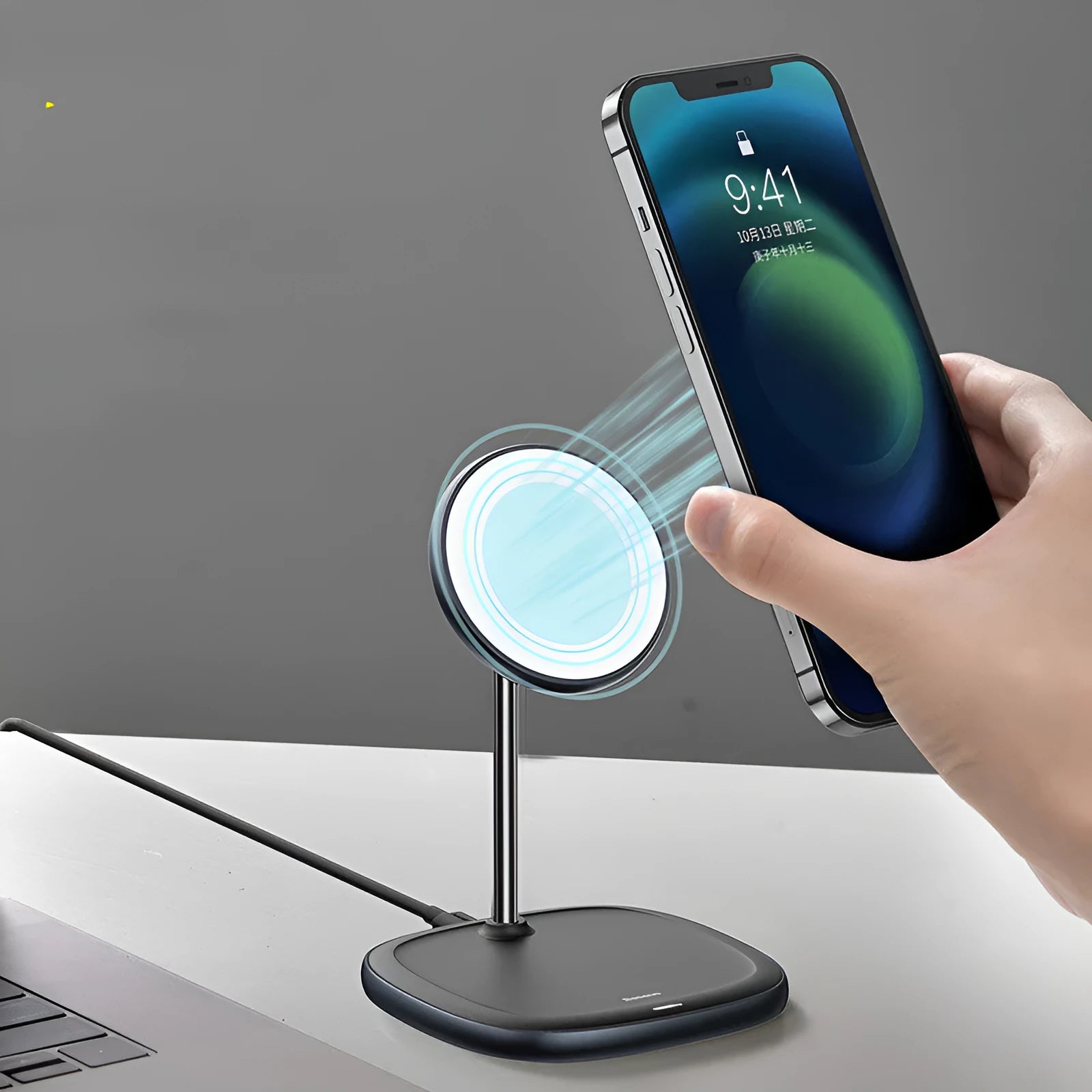 Swan Magnetic Desktop Stand Wireless Charger for Apple iPhone 12 in black colour showing stand design