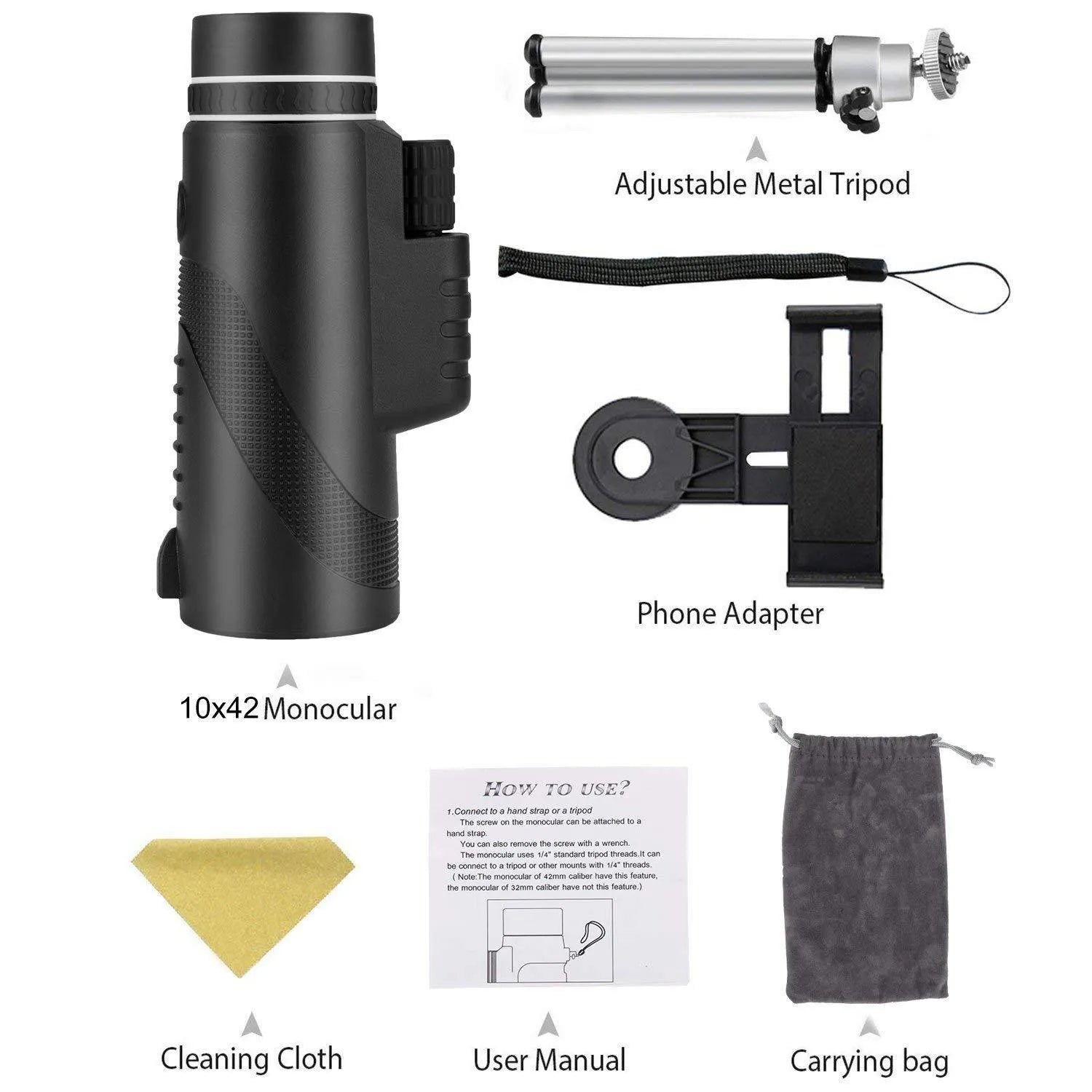Black HD 40x60 monocular telescope showing 60mm objective lens and compact body design.