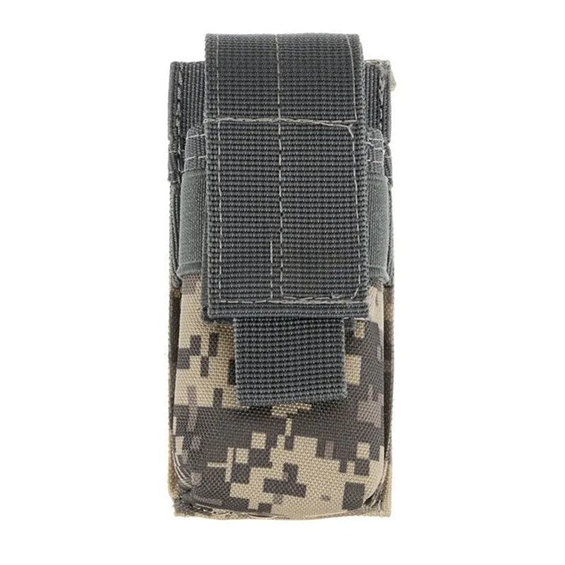 Black military tactical waist bag with MOLLE webbing and elastic cord closure