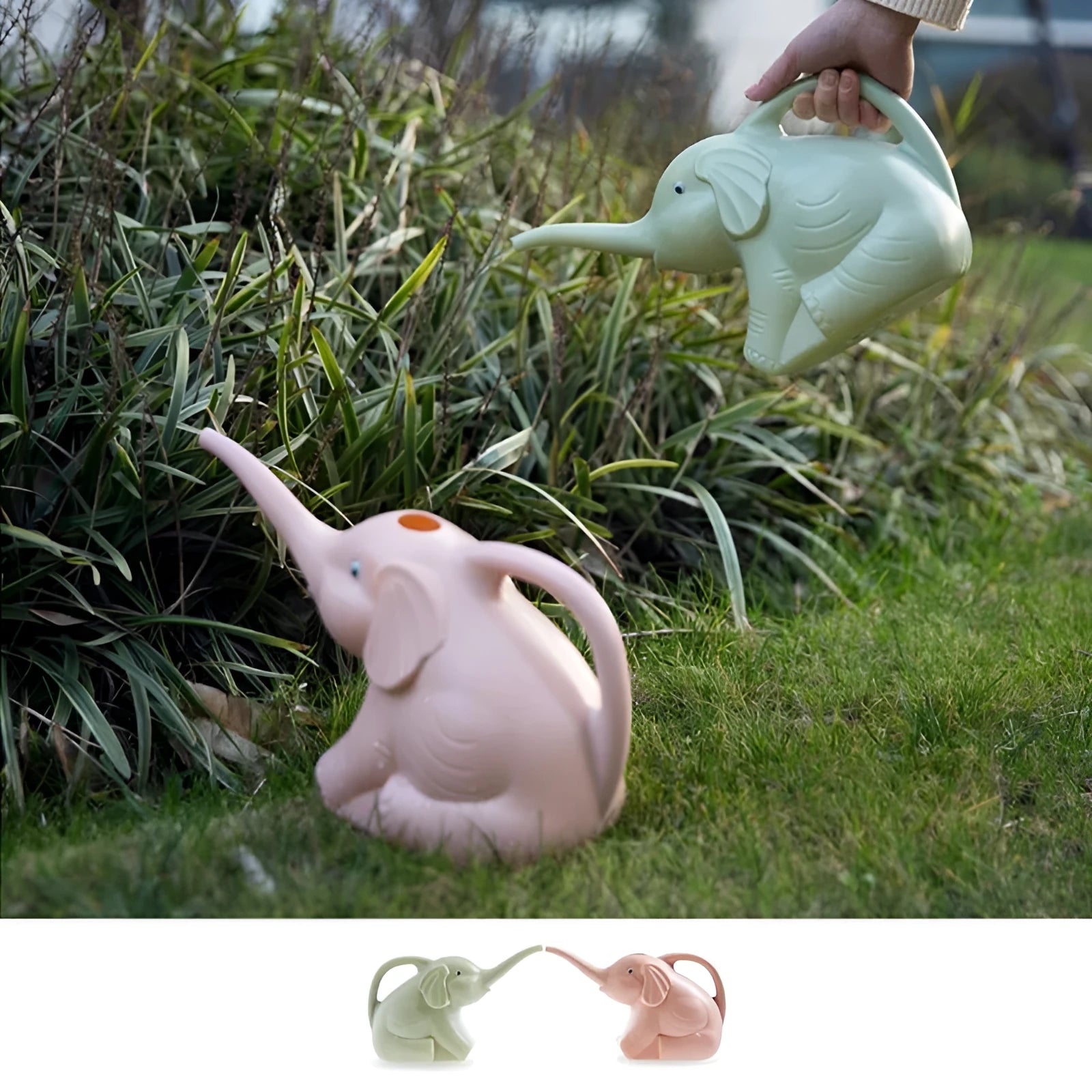 Blue elephant-shaped children's watering can with a long nozzle and baby bottle handle on a table.