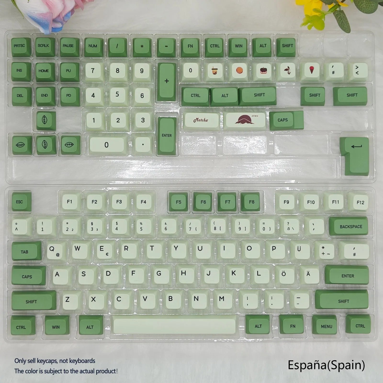 Full set of 124 matcha green PBT keycaps for a mechanical keyboard, showing various international layout options.