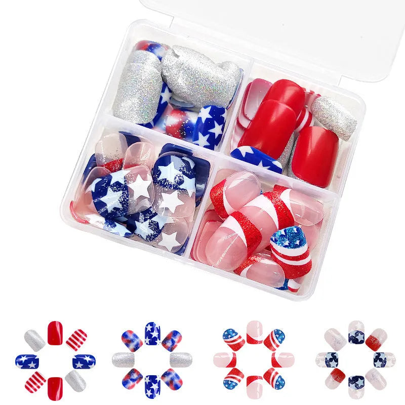 Red, white, and blue false nail set with large American star pattern, square shape.
