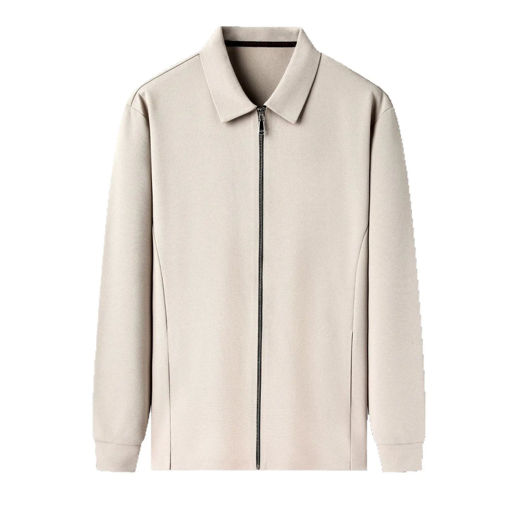Men's casual business jacket in polyester, shown in black, dark grey or apricot with long sleeves and straight hem.