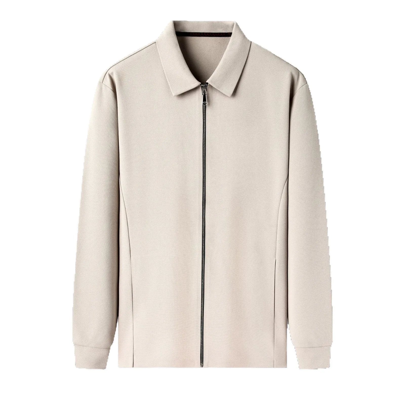Men's casual business jacket in polyester, shown in black, dark grey or apricot with long sleeves and straight hem.