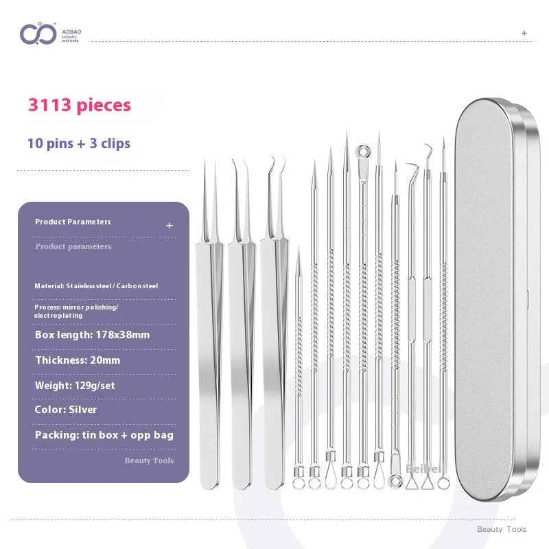 Four silver metal acne needles with pointed tips laid out on a surface.