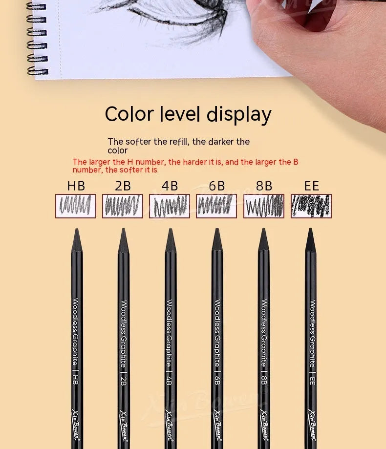 Set of six wood-free graphite sketching pencils with HB 2B 4B 6B 8B EE hardness grades