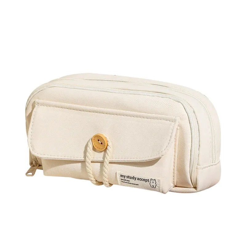Green Korean-style canvas pencil case with zip, large enough to hold 80 pens.