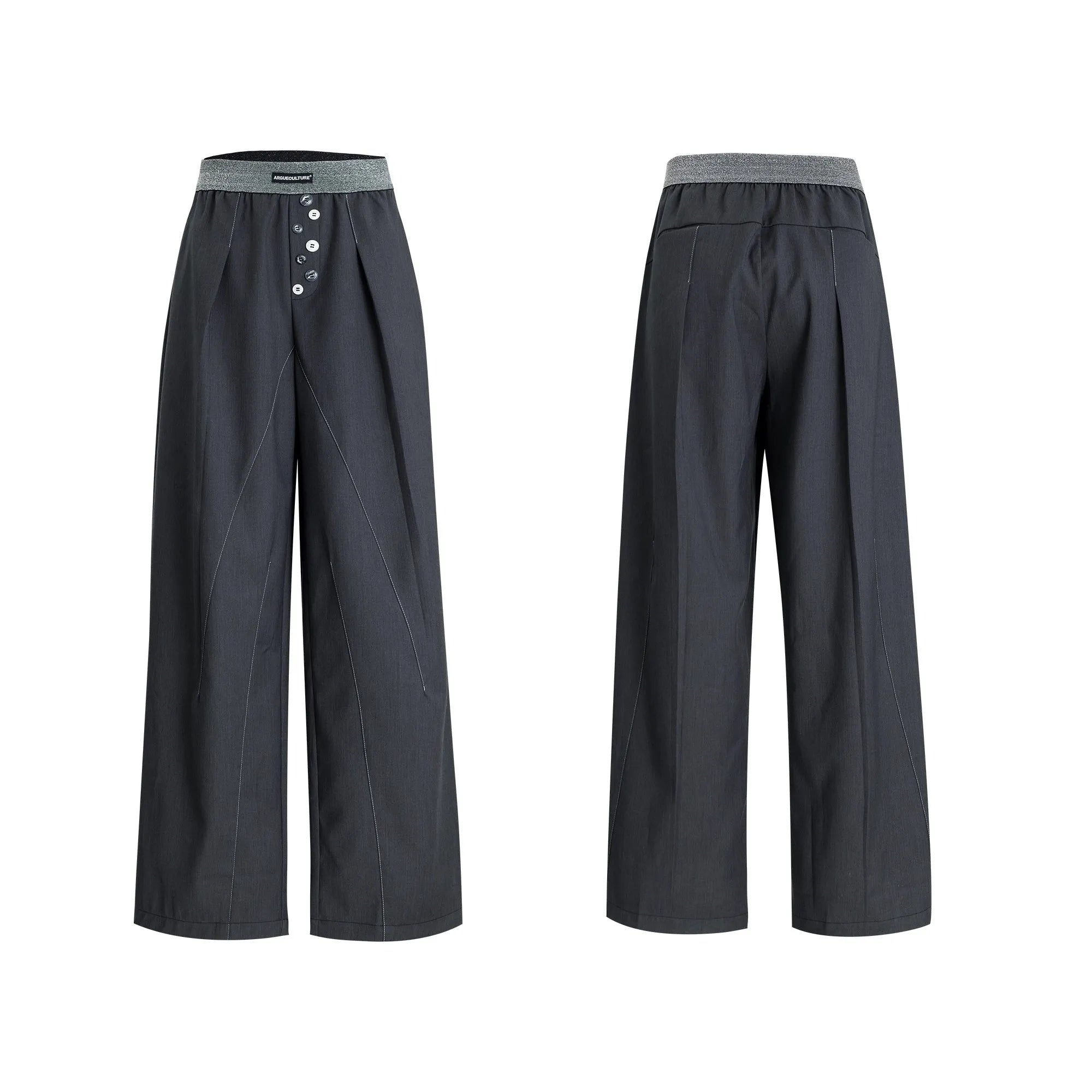 Straight-leg casual trousers with drooping style and button-open line design in black or grey