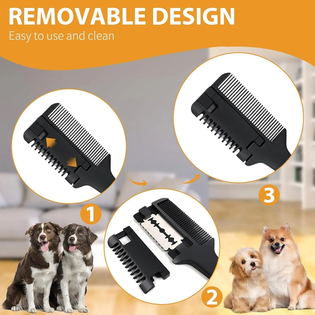 A razor comb for grooming dogs and cats with a comb and trimmer blade, includes 10 replacement blades.
