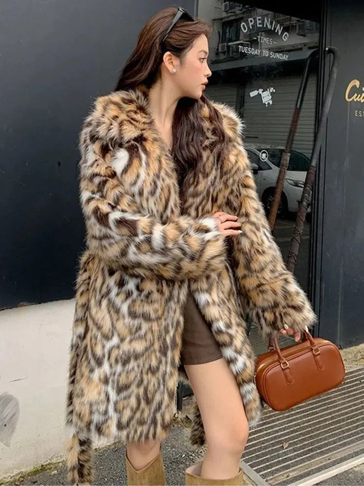 Street fashion faux fur coat with fox-style collar and regular sleeves