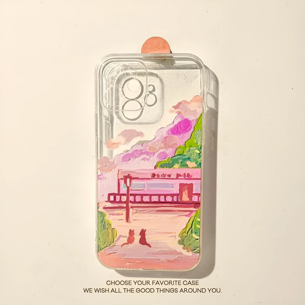 Soft silicone mobile phone case with a colourful two cat cartoon design on the back for Apple iPhone.