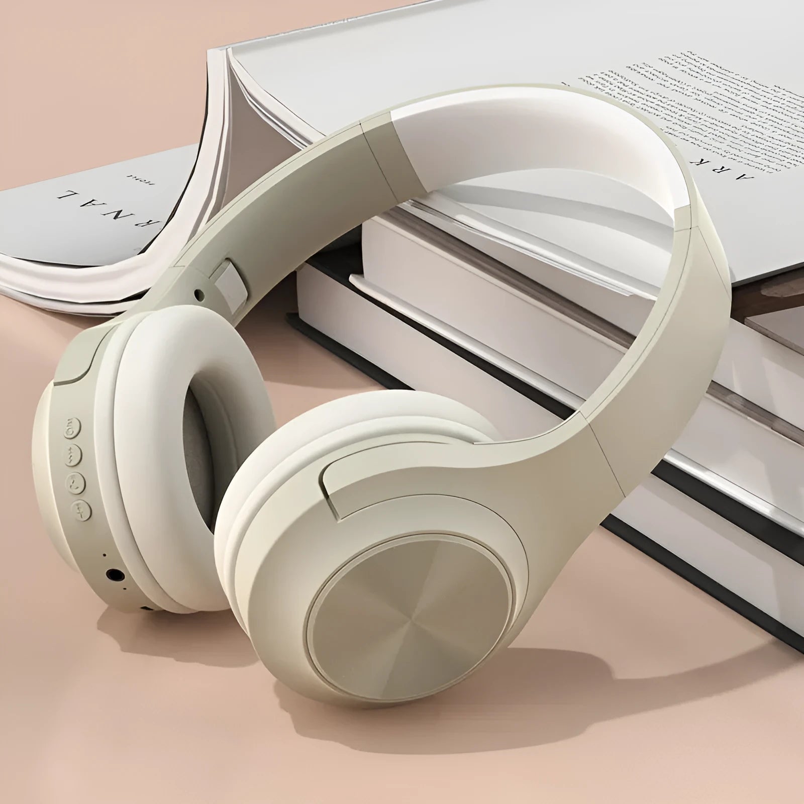 Personalised creative design wireless Bluetooth headset in chalk black, shown in head-mounted wearing style.
