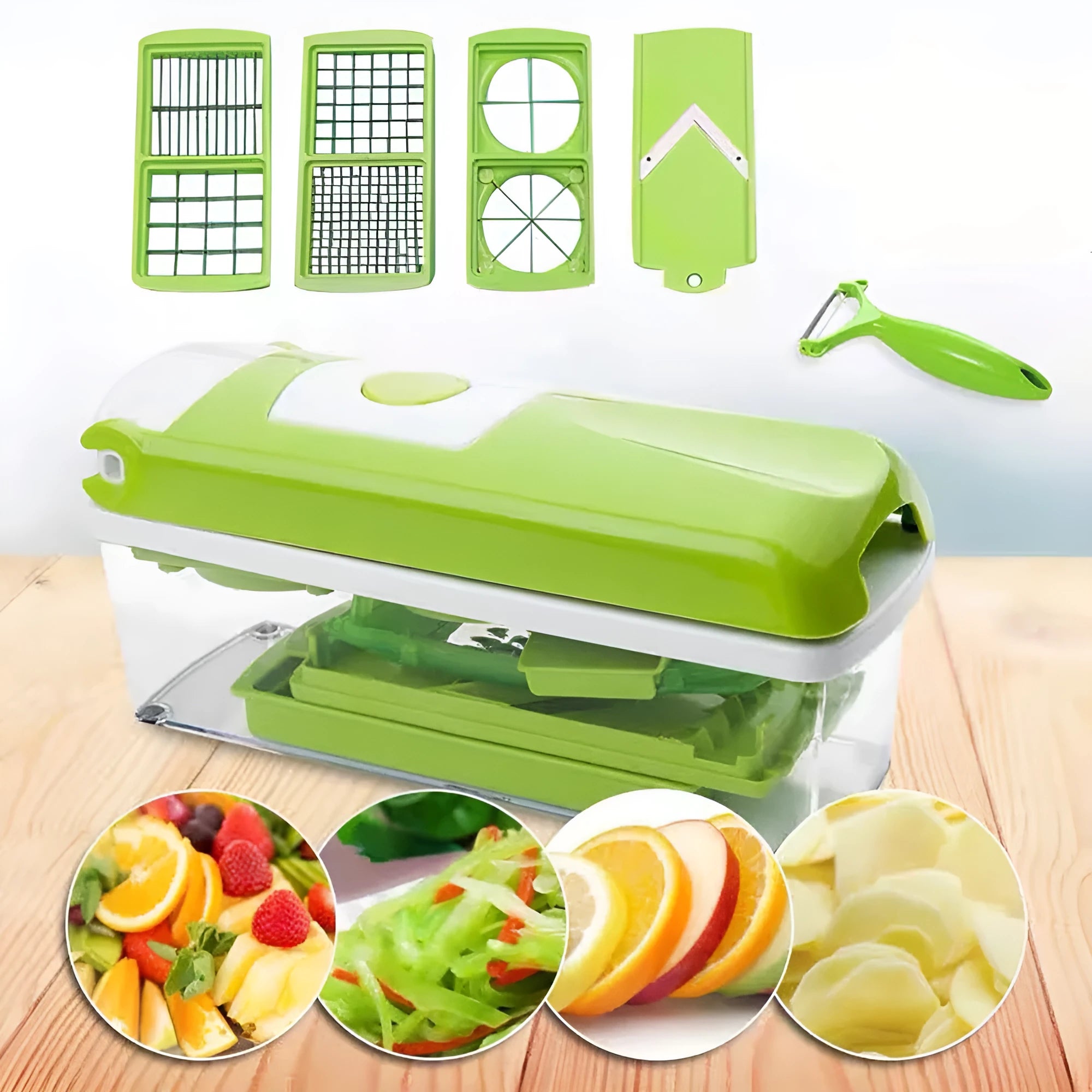 Green 12-piece manual vegetable chopper set with stainless steel blades on kitchen counter