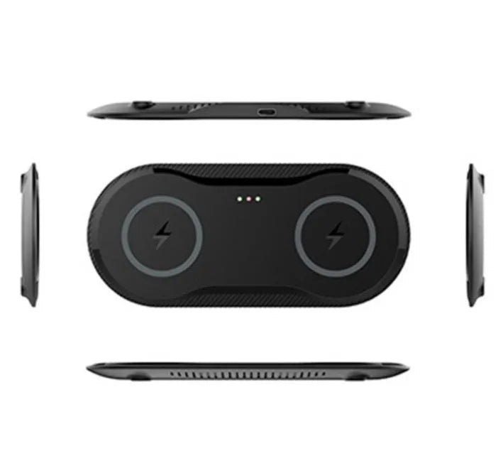 Black and white dual wireless charging pad with two phone charging surfaces and Type-C cable