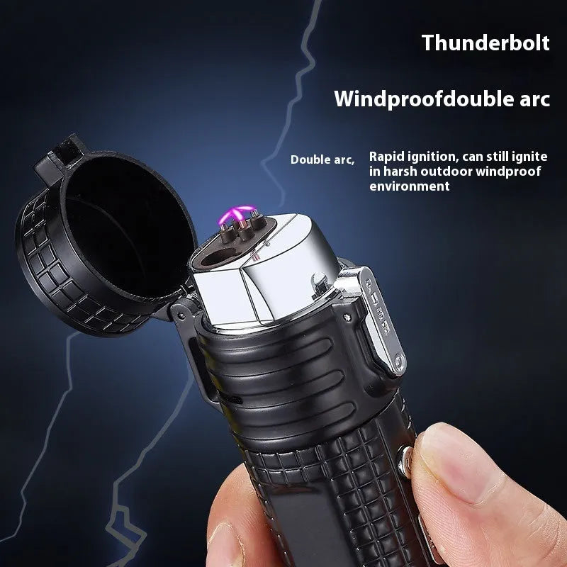 TH727 metal multifunctional flashlight lighter shown in camouflage, red, black, blue, and yellow colour options.