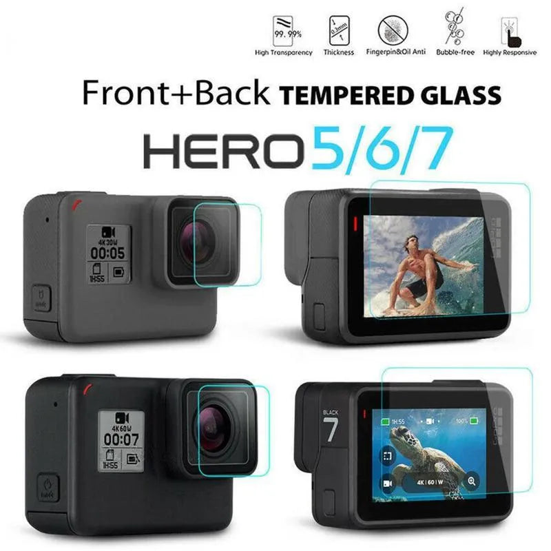 Transparent tempered glass screen protector film for GoPro Hero 5/6/7 camera lens and LCD display