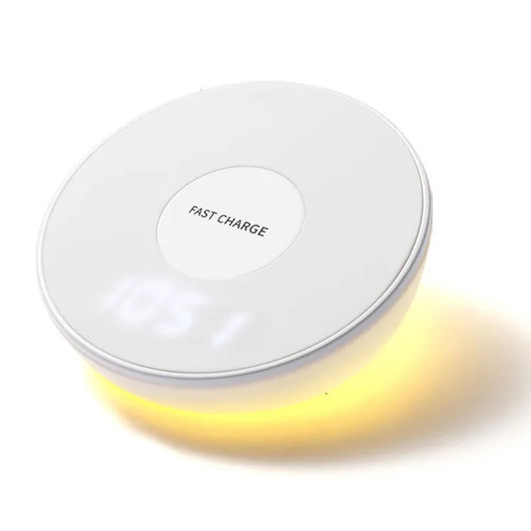 White 10W wireless charging pad with digital clock display and three control buttons
