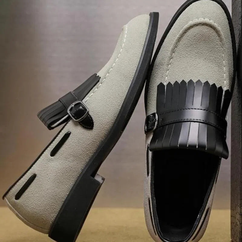 Men's gray denim loafer shoes with tassel accents, pointed toe, flat heel, low-cut casual summer footwear