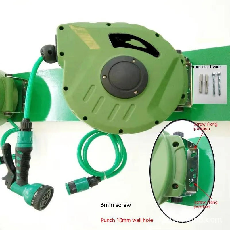 Automatic retractable hose reel with 10 metre PVC water pipe on a compact drum unit.