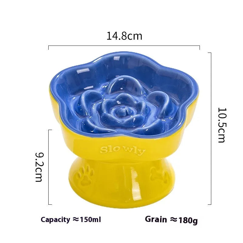 Black ceramic pet bowl with high foot neck protector design for anti-tumble feeding