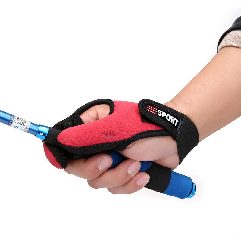 Single two finger fishing glove in blue colour showing diving cloth back and microfiber palm.