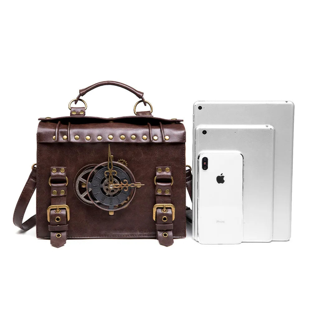 Bronze steampunk style shoulder bag with metal details and a soft pillow bag shape.