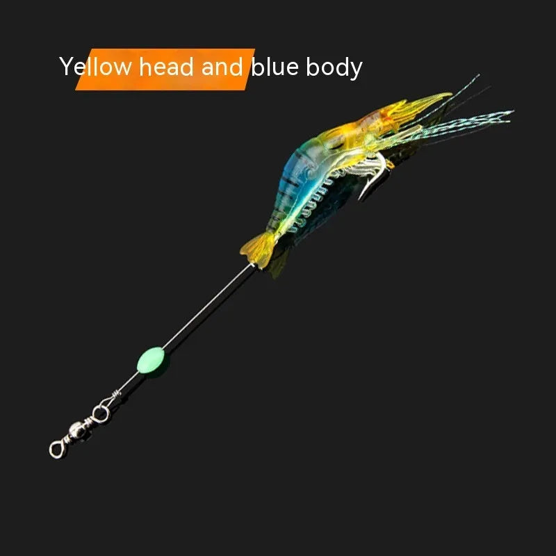 Six soft fishing lures with integrated hooks in colours including black head yellow body and luminous options