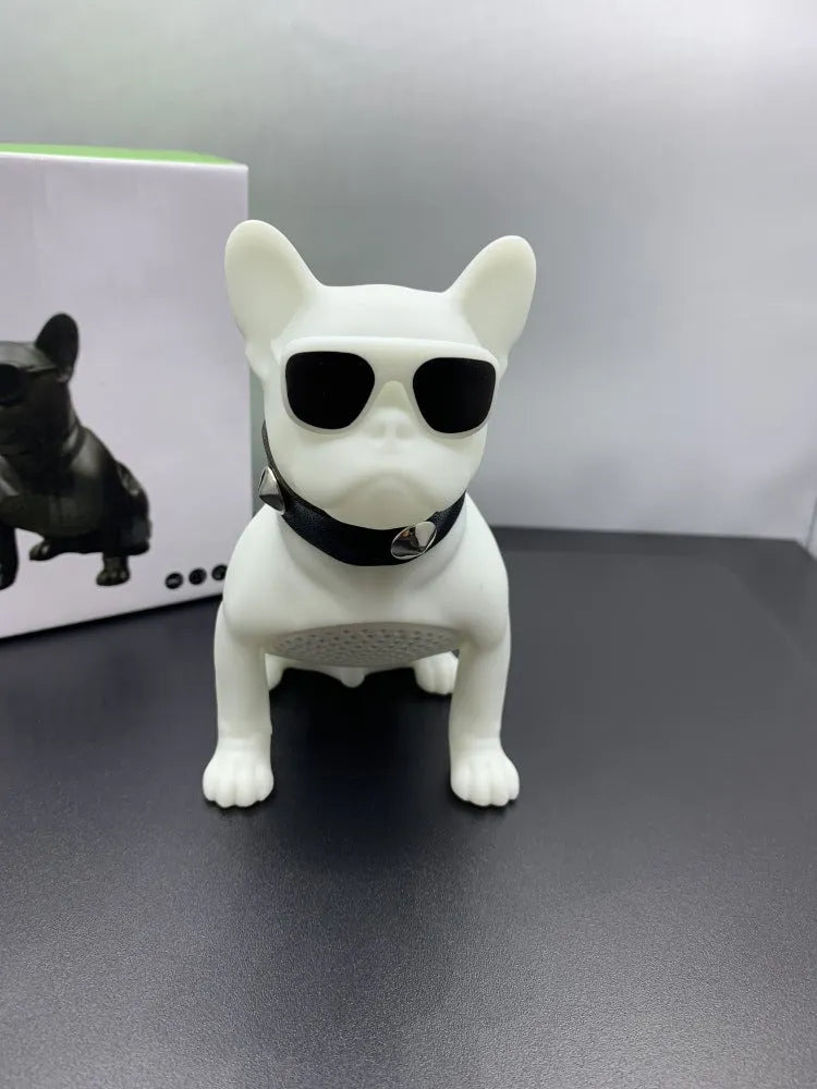 Mini Bluetooth speaker shaped like a bulldog, shown in black, red, and white colour options.