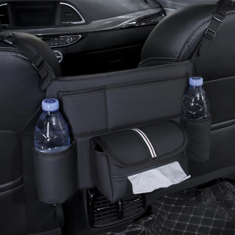 Leather car seat gap organiser with tissue box in black with Classic Lychee, Carbon Fibre, or Fashion Grain patterns