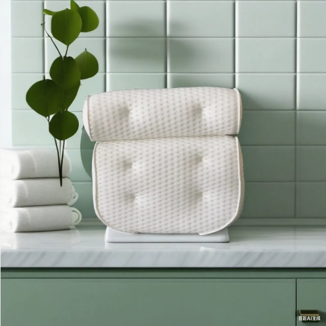 White bathtub pillow with suction cups and mesh construction measuring 37cm by 34cm