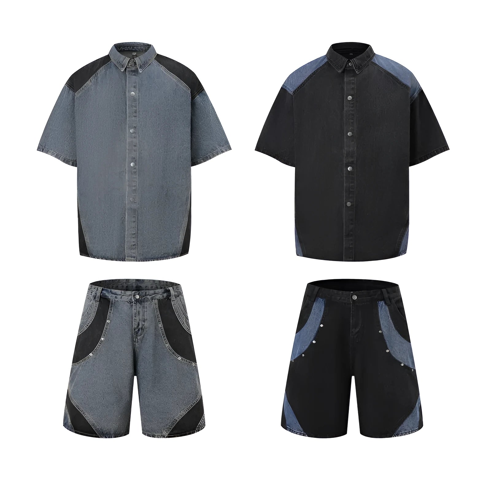Retro washed blue denim short-sleeved jacket and full-length trousers suit on a model.