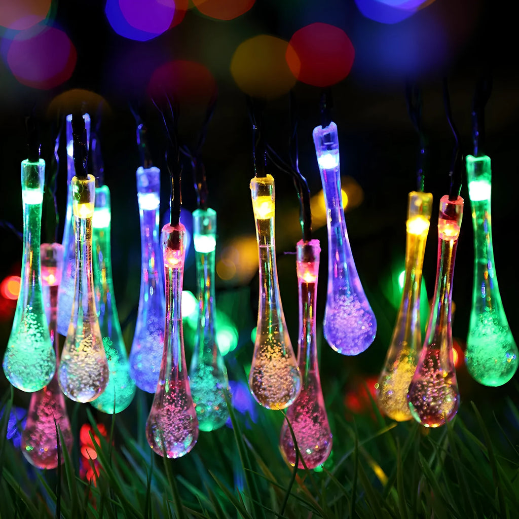 30 LED solar outdoor string lights with water drop pendants on 6.5m cable with ground spike