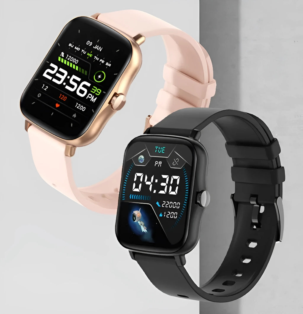 Smart watch with 1.7-inch colour touchscreen on adjustable strap in black, blue or gold