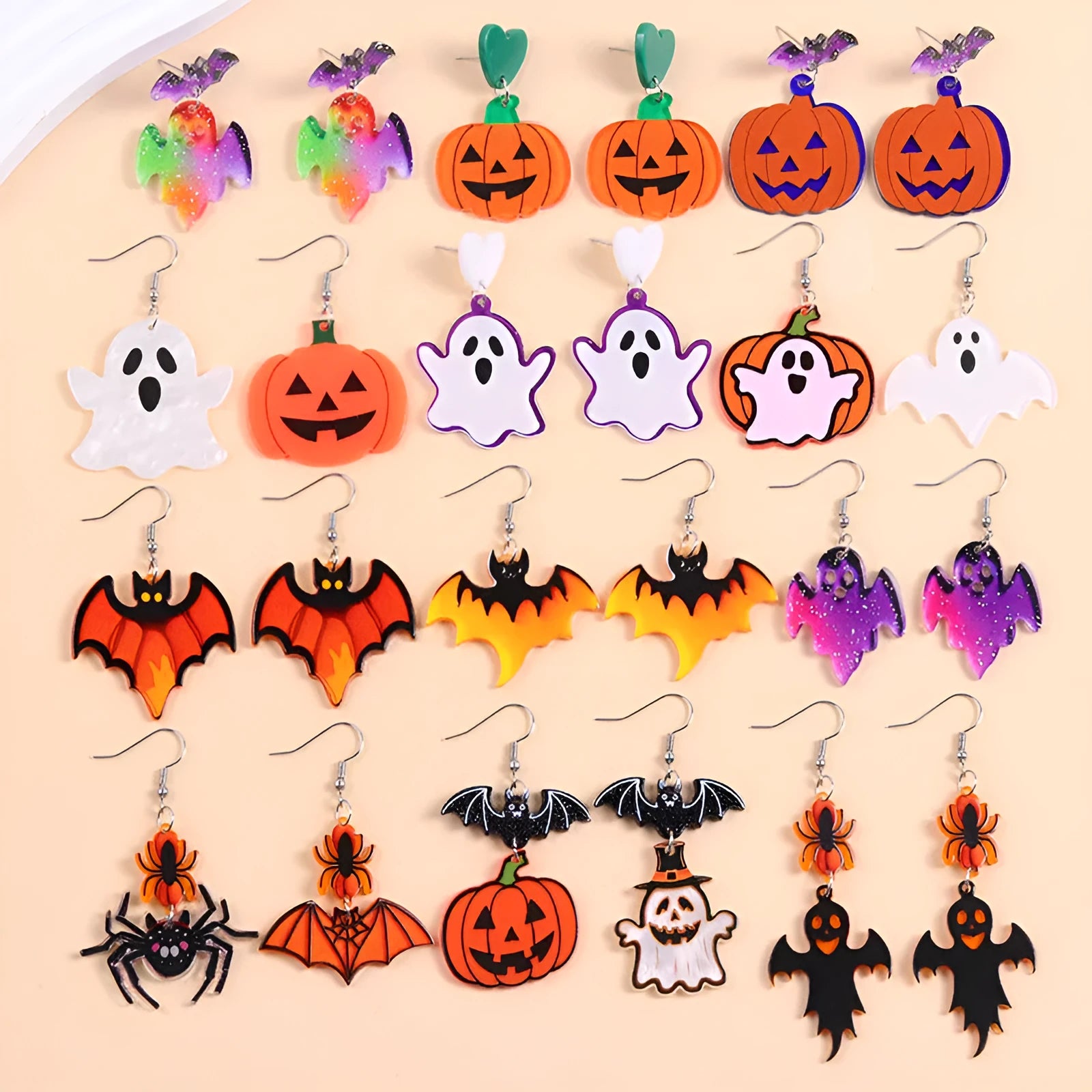 European American Halloween acrylic earrings with bat pumpkin ghost geometric design