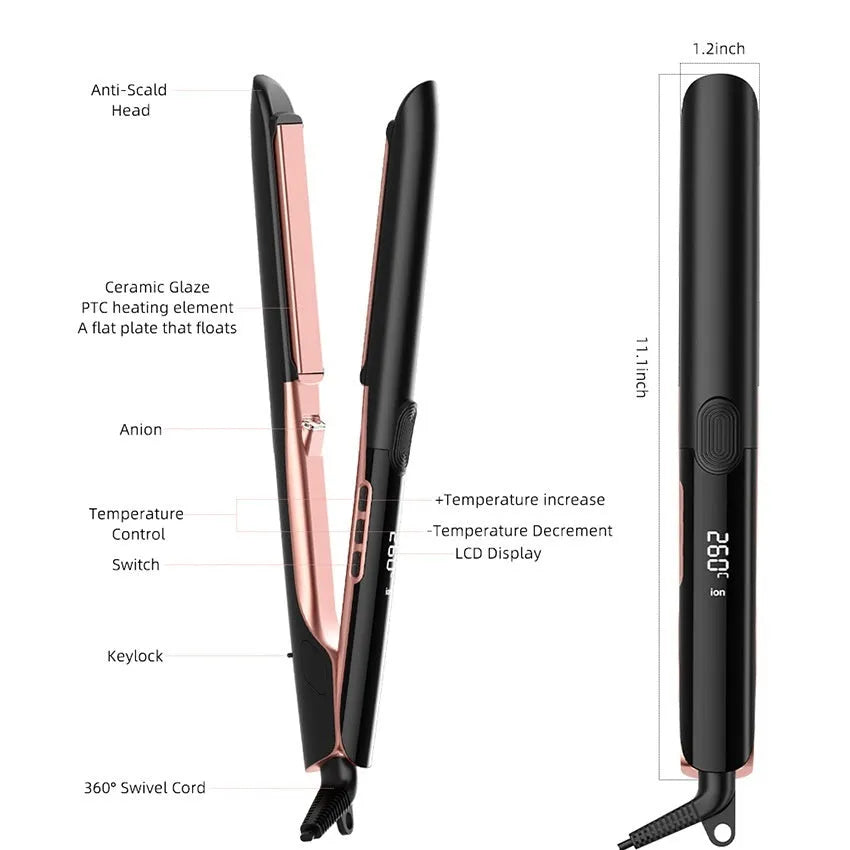 207℃ negative ion hair straightener with ceramic plates and wired power cord