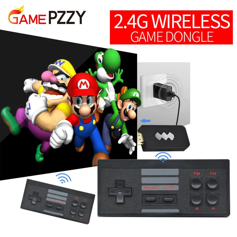 4K HDMI video game console with two black wireless controllers on a table