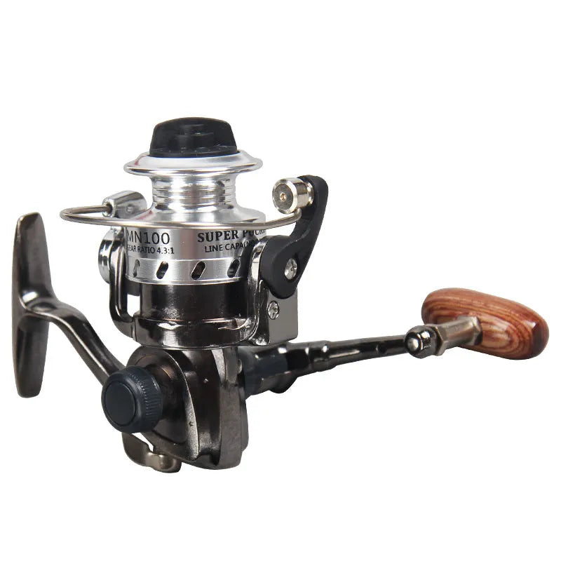 Mini 100 all metal black fishing reel with folding wooden rocker arm on white background