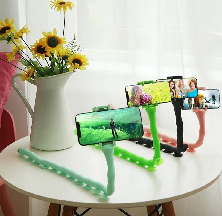 Flexible worm-style phone bracket with suction cup attachment in three colour options