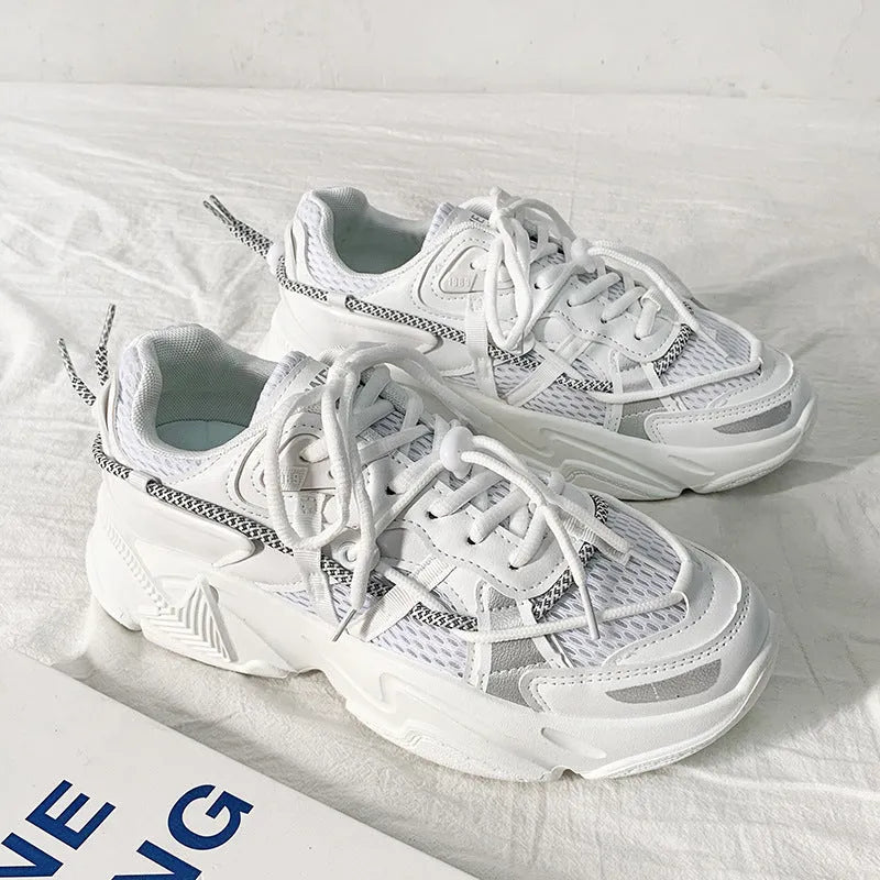 Men's Korean style platform dad shoes in white with mesh lining and lace-up front
