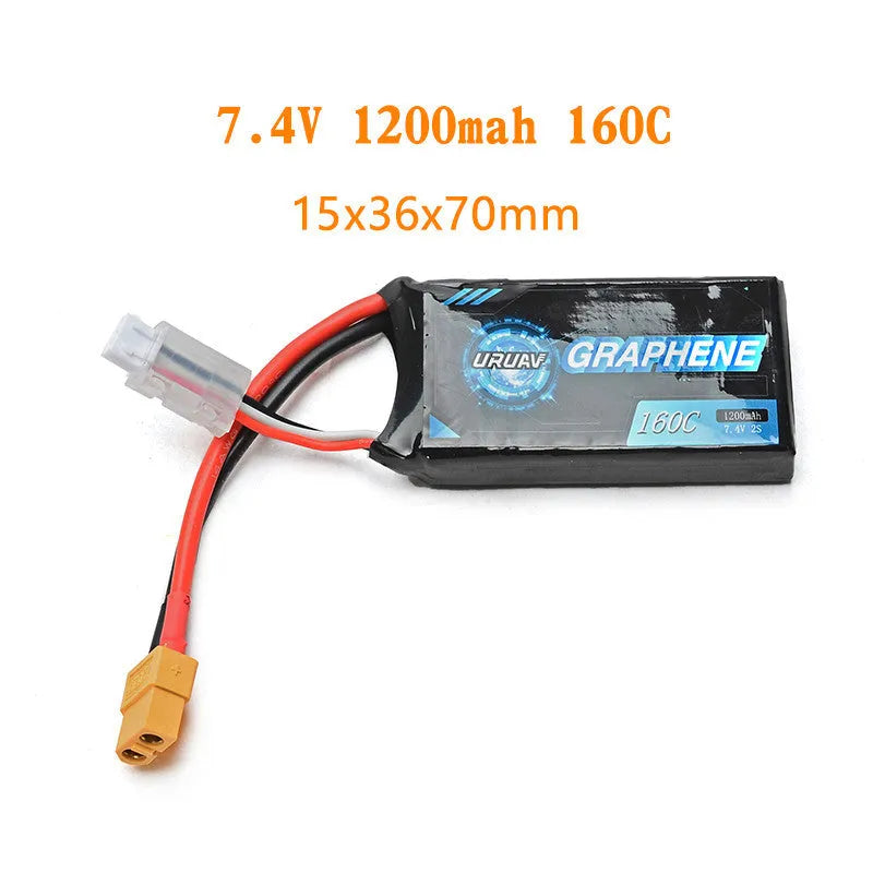 7.4V 1200mAh lithium battery for RC models measuring 15x36x70mm