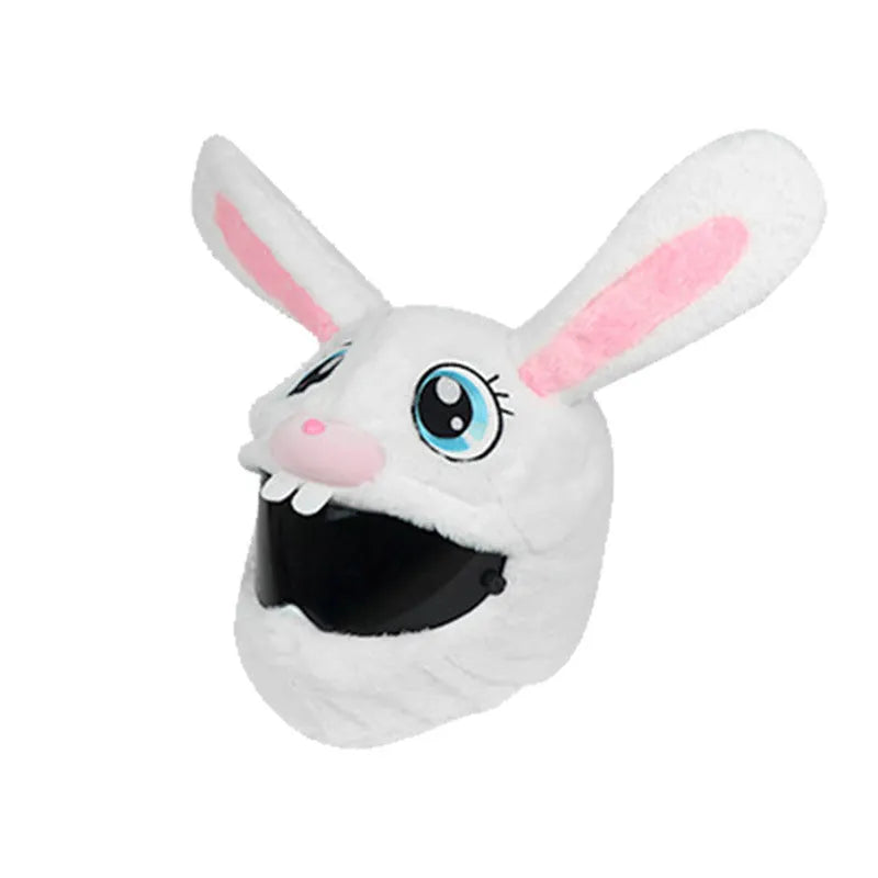 White plush rabbit head helmet cover for electric motorcycle with long ears and needle plush detailing
