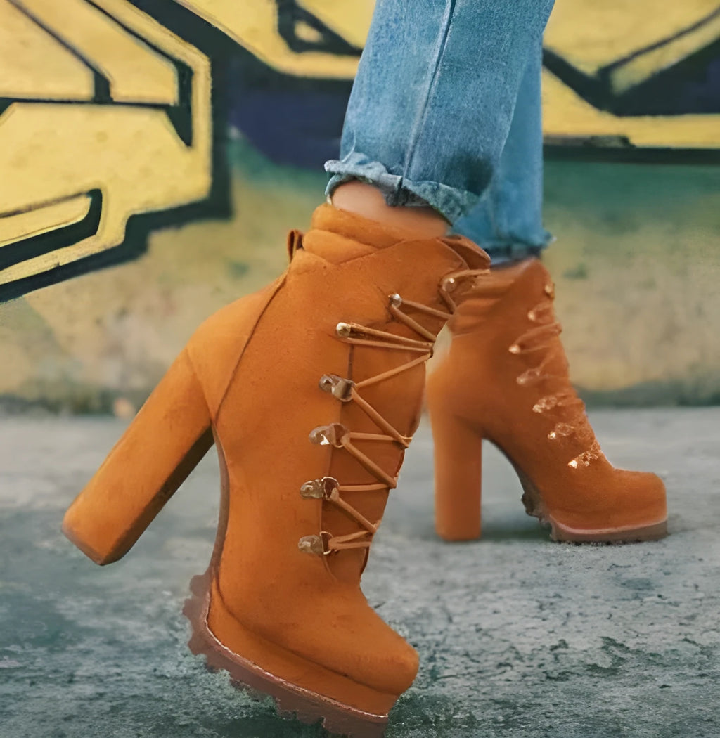 Women's suede high heel ankle boots with thick heels in army green, black, wine red or yellow