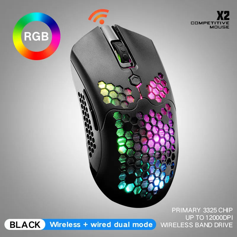 Free Wolf X2 wireless gaming mouse in five colour options showing RGB lighting and ergonomic design