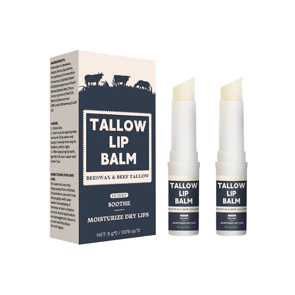 Two beef tallow lip balms with light grain texture for soft lips