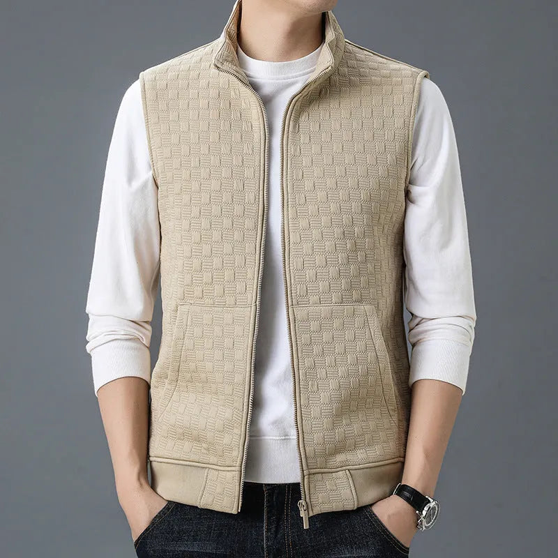 Men's open-front polyester waistcoat vest in black, shown on a hanger.