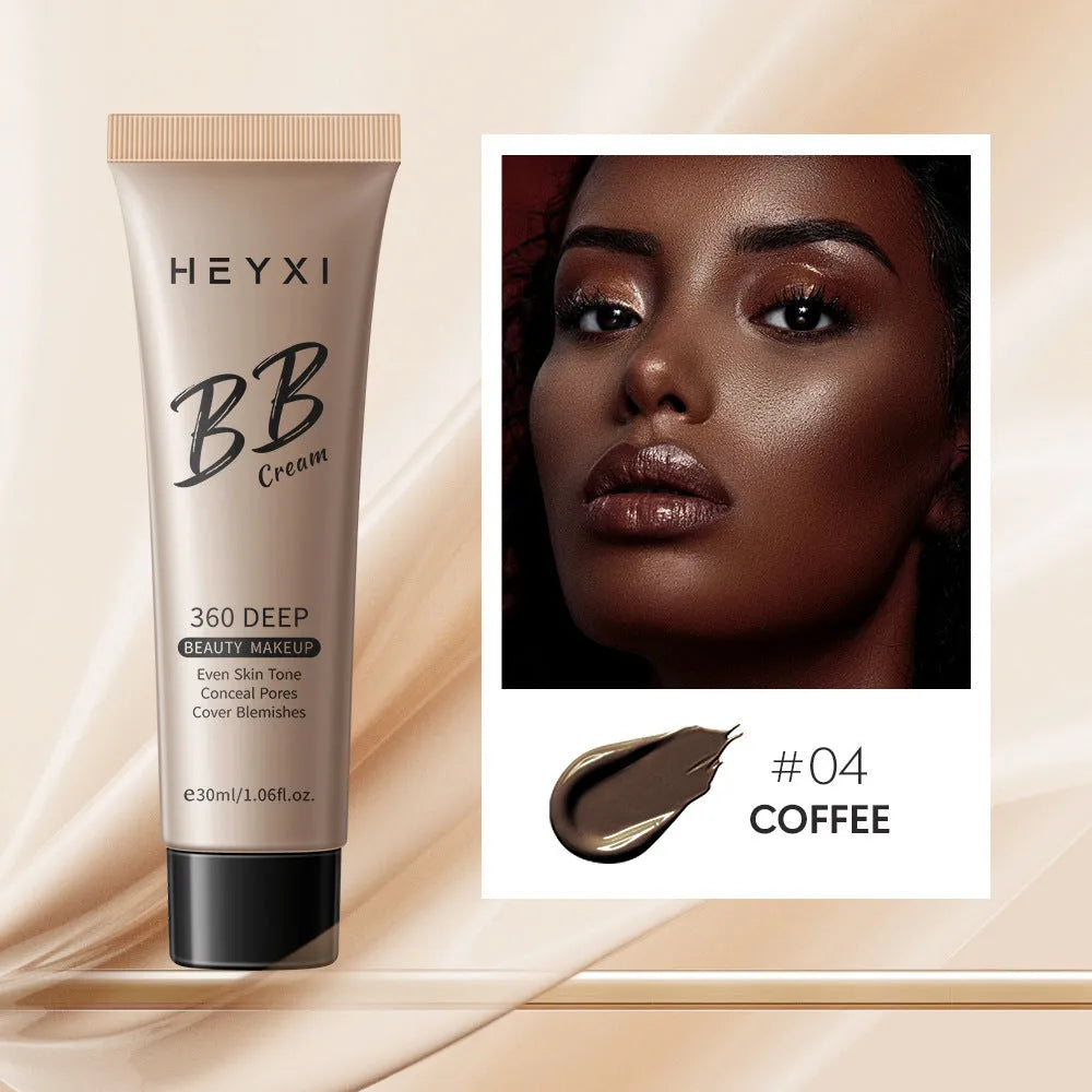 Waterproof BB cream bottle showing four colour shade options for universal skin types