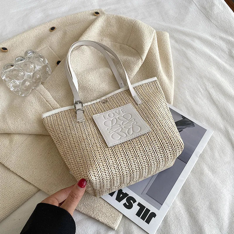 White and black straw woven women's shoulder bag with retro styling and large capacity dimensions