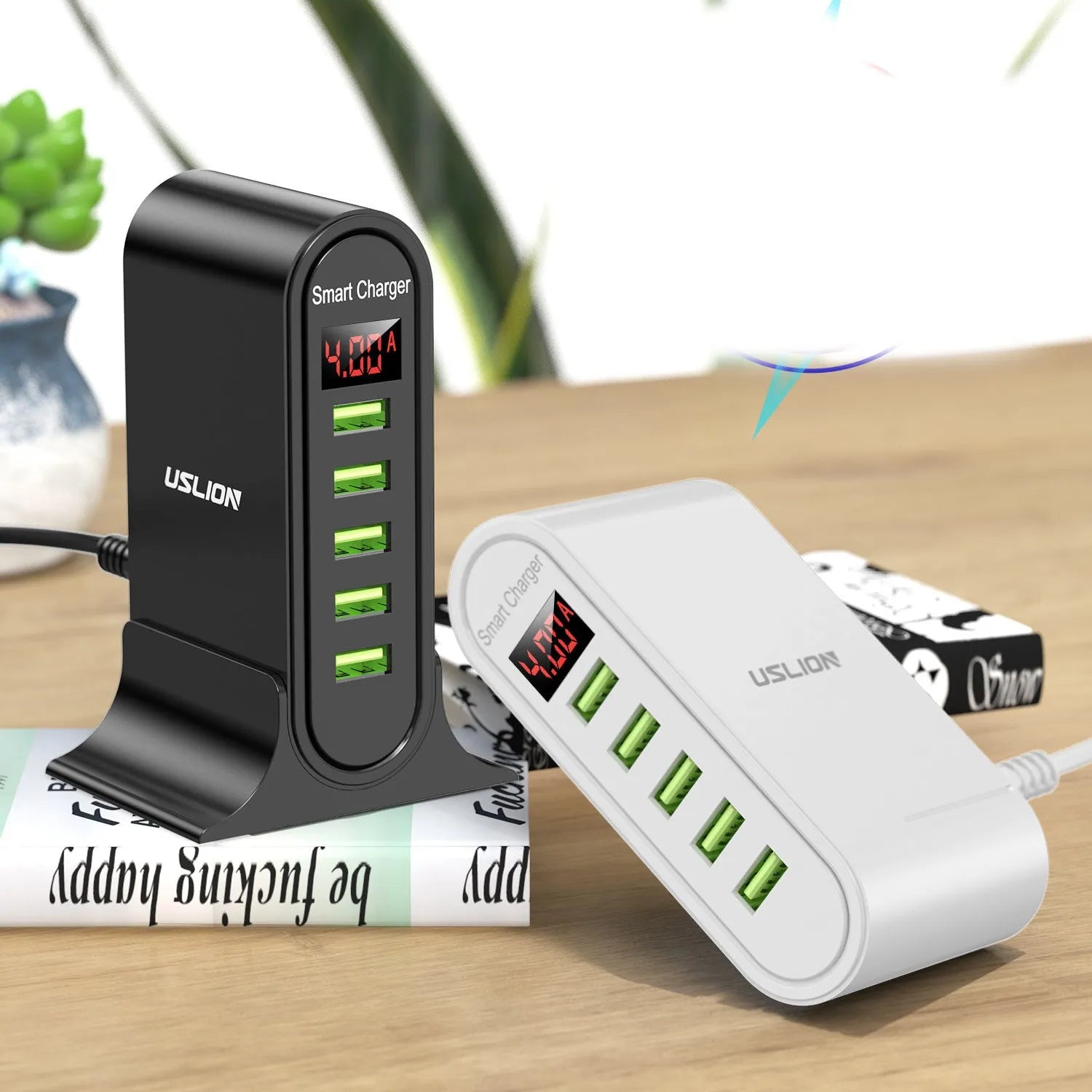 Smart LED digital display USB wall charger in black or white with EU, UK, or US plug options.