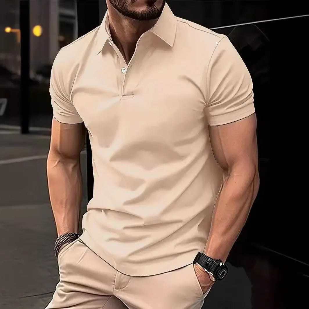 Men's slim fit short sleeve button shirt in a solid colour, showing front button placket and collar.