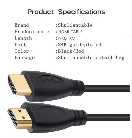 Gold-plated HDMI cable showing connectors with length options from 0.3 to 5 metres